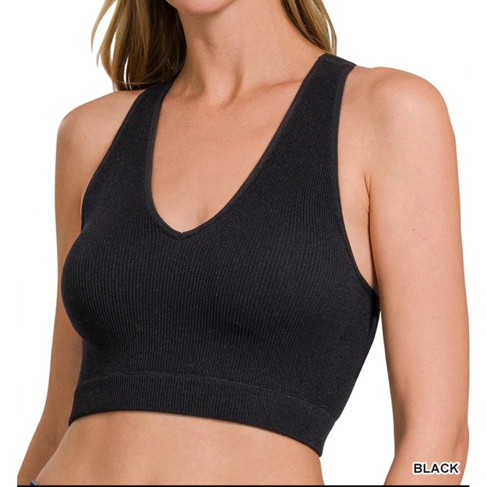 Zenana Ribbed Padded Cropped Racerback Tank Top Bralette Brami Black L/XL